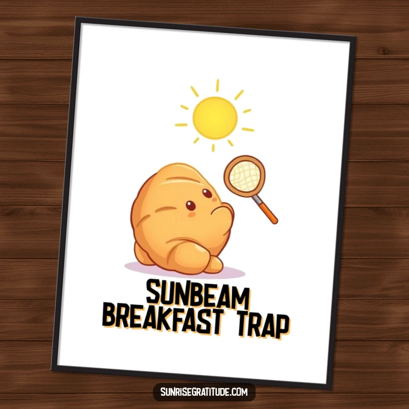 Funny croissant with net catching sun ray, humorous digital art for cheerful decor.