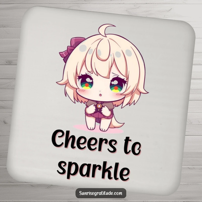 Funny drink coaster, character with eyes reflecting sunrise hues, dazzling decor, protecting surfaces, vibrant morning, thoughtful funny gift.