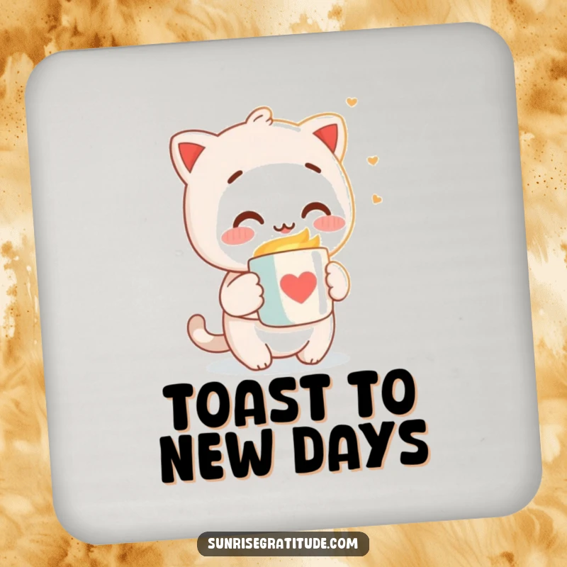 Funny drink coaster depicting a character offering a warm mug to the gentle morning light, symbolizing a happy welcome.