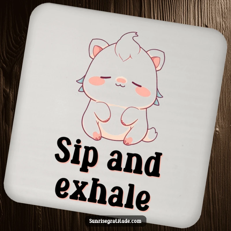 Funny cute creature drink coaster smiling and breathing peacefully, perfect for calm protection and humor.