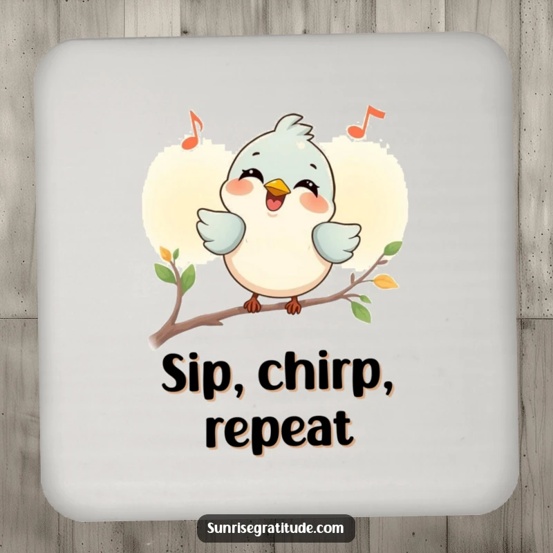 Funny smiling bird drink coaster, chirping a joyful tune at dawn, protecting surfaces with musical charm. A humorous accessory.