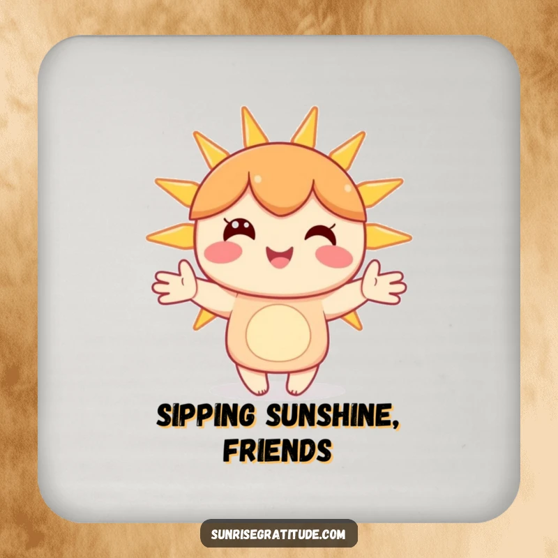 Funny drink coaster with a happy character holding hands with sunbeams, offering cheerful protection for surfaces.