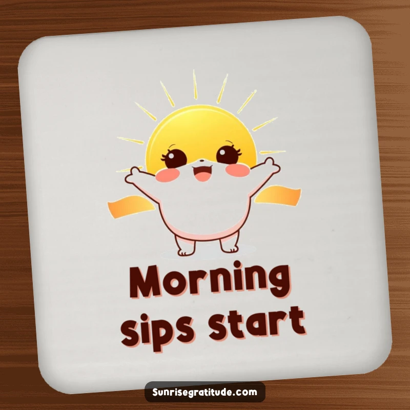 Funny Sunrise Coasters: Cheerful character greeting a rising sun, providing humorous and practical funny gift protection.