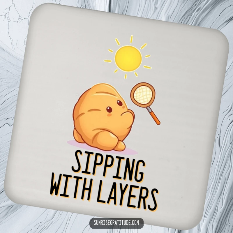 Funny croissant attempting to catch sun ray with net, humorous coasters for table protection.