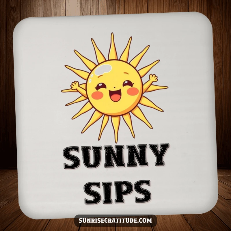 Funny sun drink coaster with a cheerful sun character stretching its rays wide, perfect for protecting surfaces.