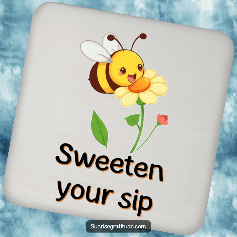 Funny playful bee drink coaster, buzzing happily towards a blooming flower, protecting surfaces with cheerful energy. A humorous accessory.