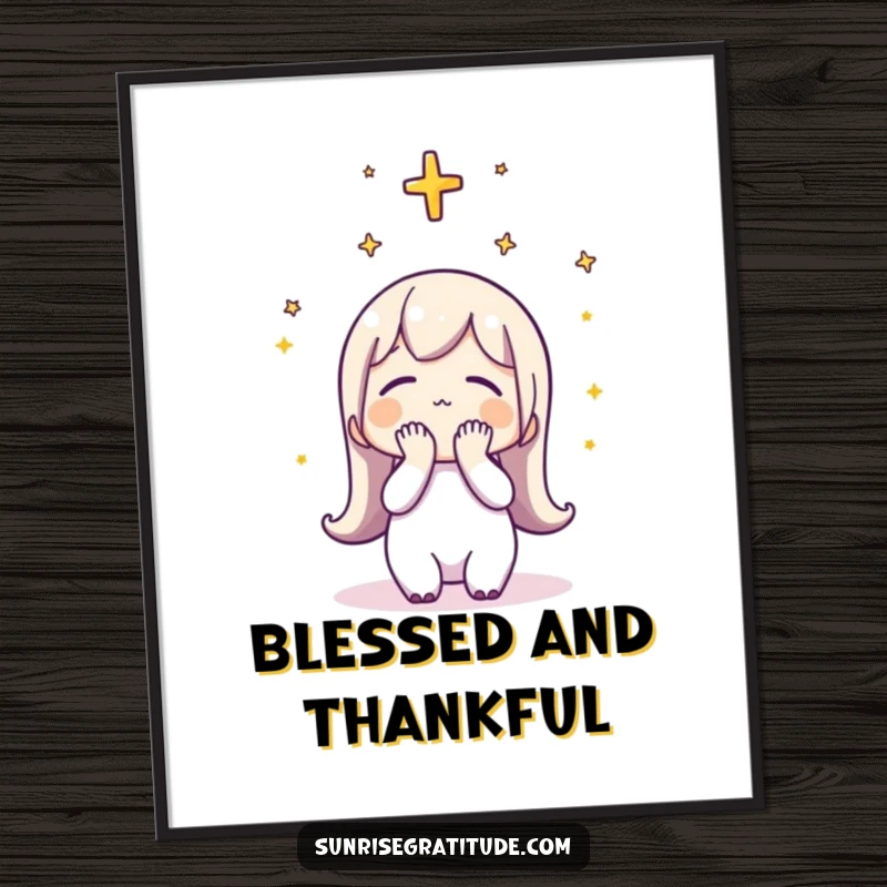 Funny Poster: A character captured in a moment of deep thankfulness, bowing its head towards the sky at sunrise.