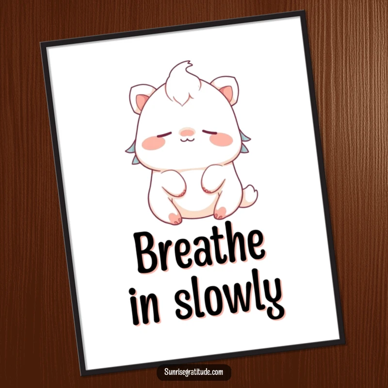 Funny cute creature poster smiling and breathing deeply, perfect for serene wall art.