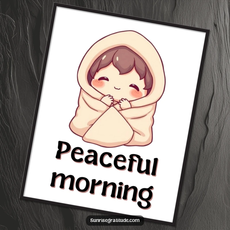 Funny poster of a contented character smiling, wrapped in a cozy blanket, welcoming the gentle beauty of a new day.