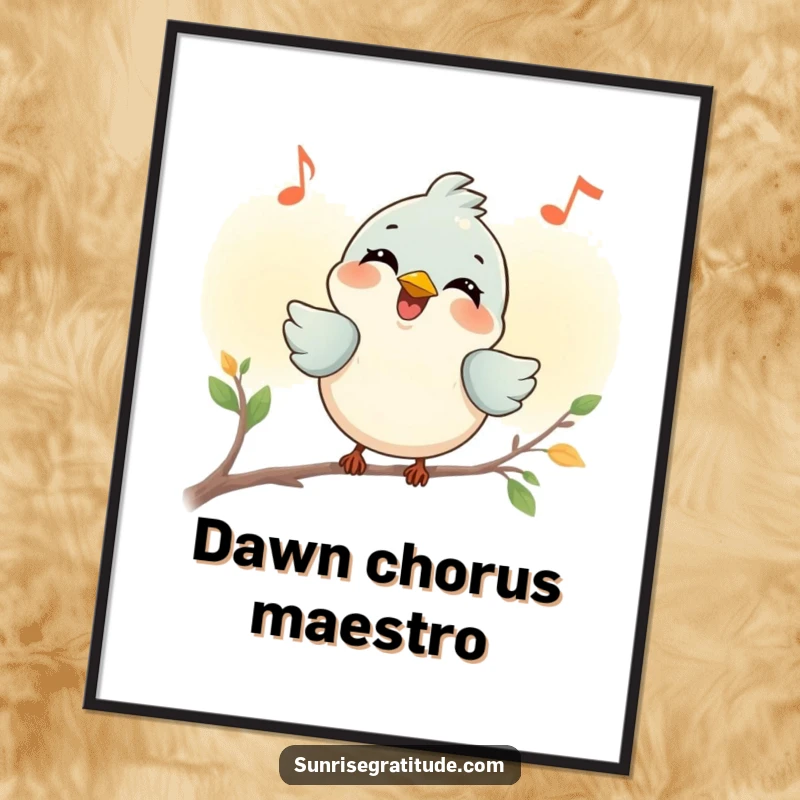 Funny smiling bird poster art, chirping a joyful tune at dawn, celebrating morning's beauty. A humorous and inspiring decor piece.
