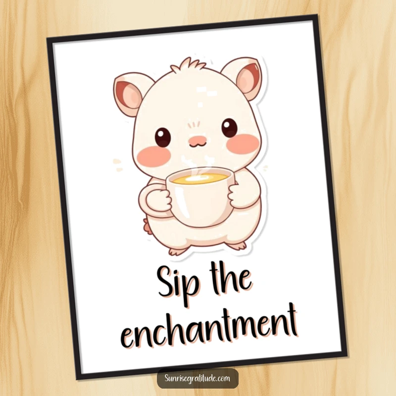 Funny whimsical creature poster offering a steaming cup, perfect for warm and cheerful wall art.