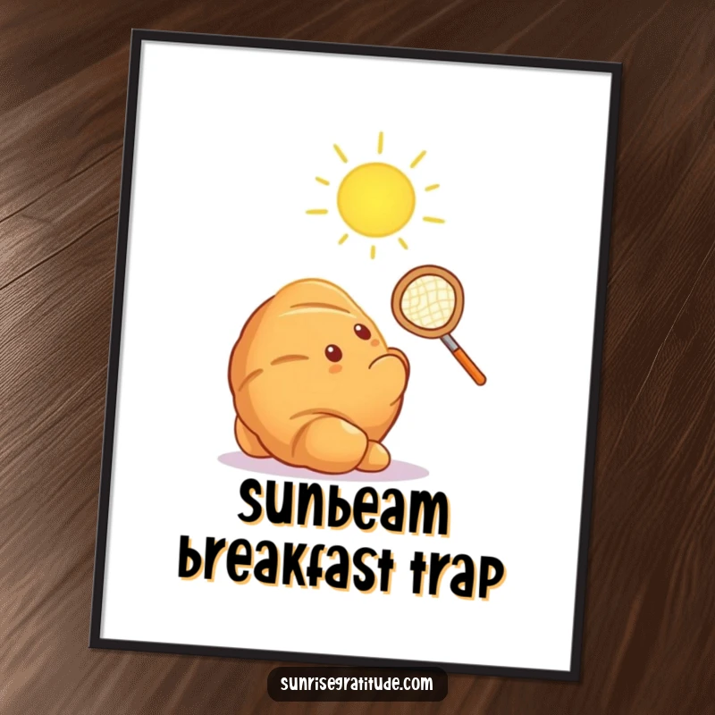 Funny croissant attempting to catch sun ray with net, whimsical wall art for a cheerful kitchen.