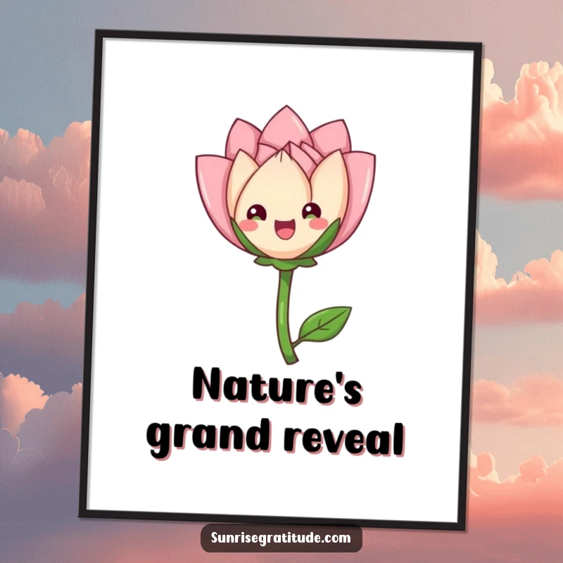 Funny delighted flower bud poster art, unfurling petals gracefully, symbolizing beauty and natural growth. A humorous and elegant decor piece.