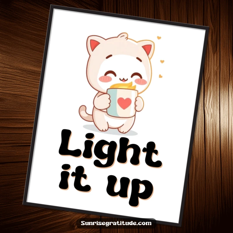 Funny poster showing a character beaming as they offer a warm mug to the gentle morning light, full of delight.