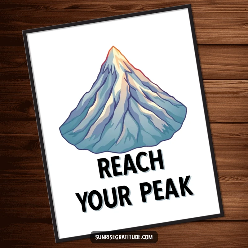 Funny Mountain Peak Poster: A joyful mountain peak bathed in dawn’s first light, a humorous representation of natural beauty.
