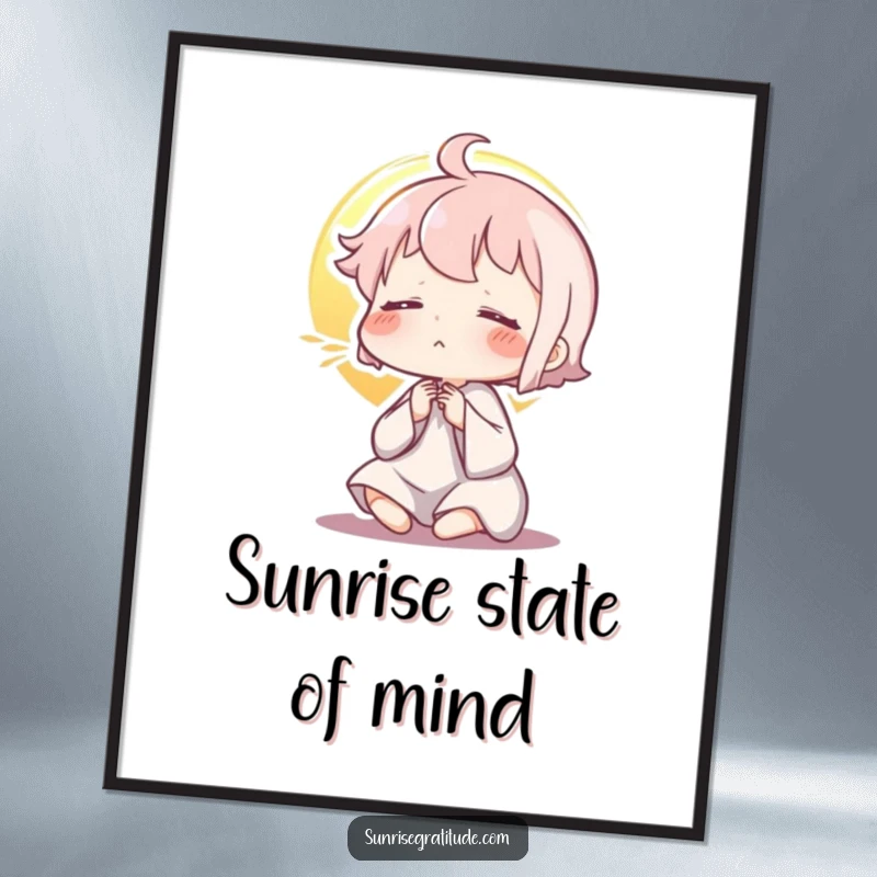 Funny poster, character exhaling during sunrise, zen wall art, peaceful morning ambiance, calming decor, perfect funny gift.