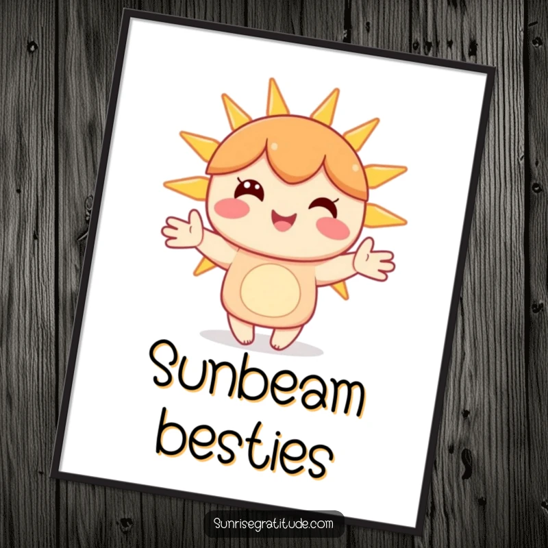 Funny poster of a happy character holding hands with stylized sunbeams, creating a cheerful and bright atmosphere.
