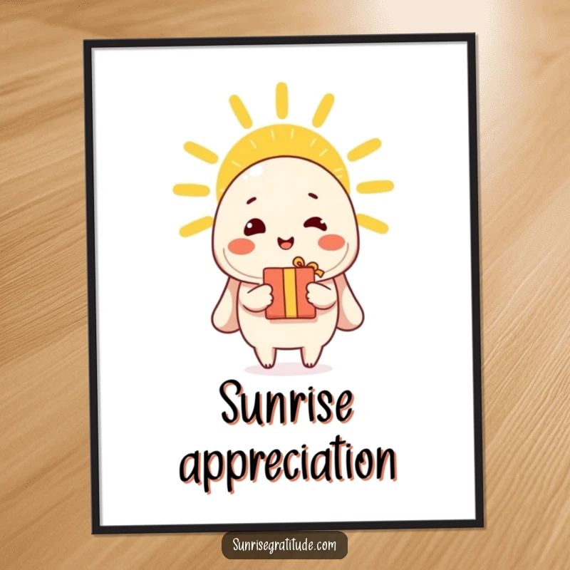 Funny poster of a cheerful character offering a gift to a bright morning sun, celebrating gratitude.