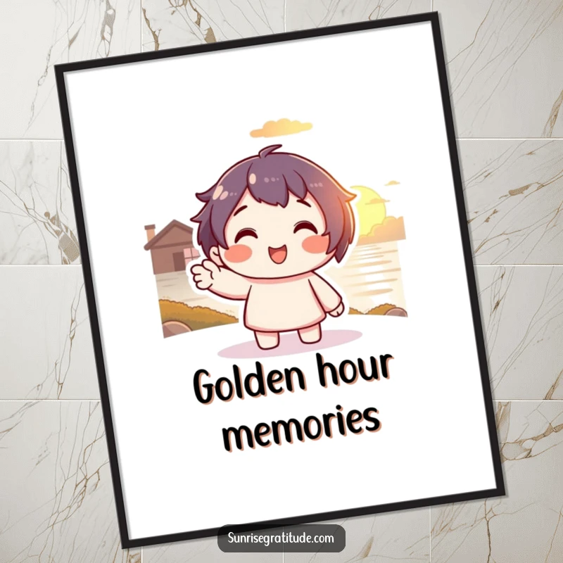 Funny Sunset Serenity Poster: Smiling character waving to a warm, glowing sunset, perfect humorous wall art funny gift.