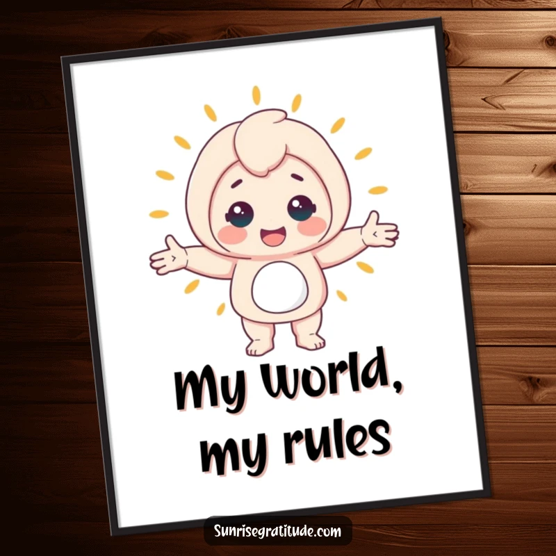 Funny poster of a cheerful character with open arms, symbolizing a warm embrace of the new day and the awakening world.