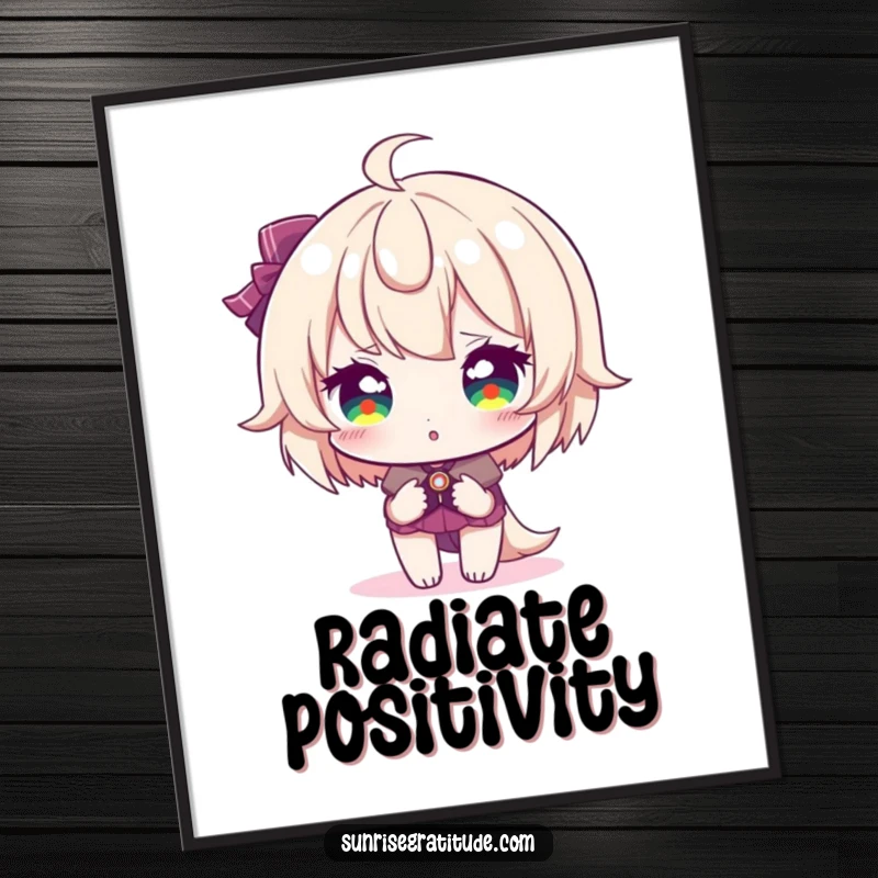 Funny poster, character with sparkling eyes reflecting sunrise colors, vibrant wall art, dazzling morning light, eye-catching decor, perfect funny gift.