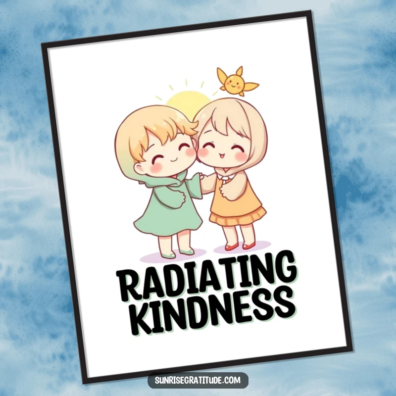 Heartwarming poster displaying a character generously sharing a warm ray of sunshine with another, evoking feelings of love and unity.