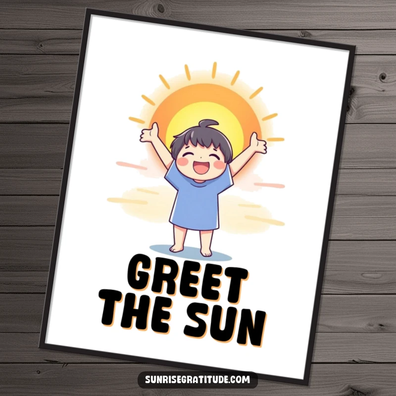 Funny poster of a joyful character stretching arms towards a vast, colorful sunrise, representing hope and new beginnings.