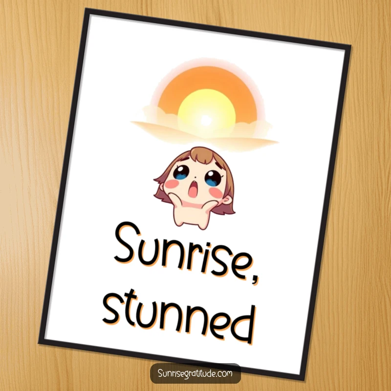 Funny poster of a surprised character looking up in awe at a vibrant sunrise.