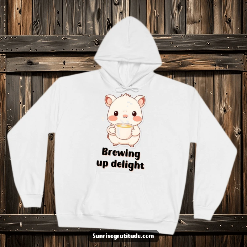 Funny cozy creature hoodie offering a steaming cup, perfect for warm and whimsical humor.