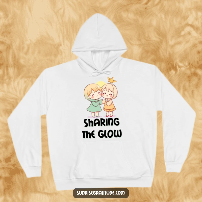 Comfortable hoodie depicting a character generously sharing a warm ray of sunshine with another, offering comfort and promoting togetherness.