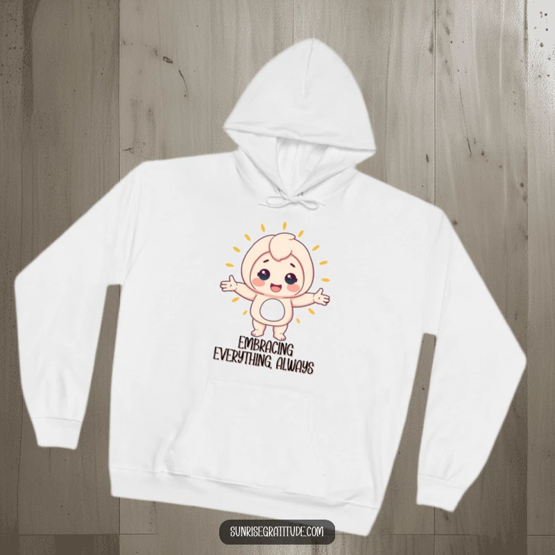Funny hoodie with a joyful character in an open embrace, welcoming a new day, embodying warmth and a positive, funny spirit.