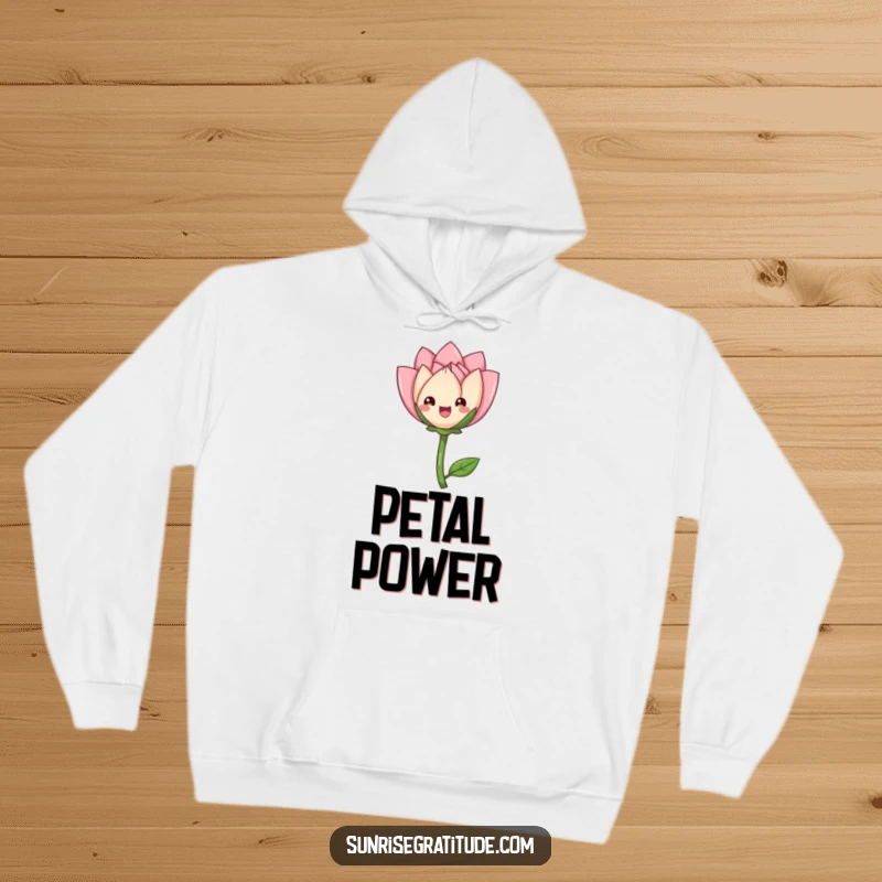 Funny delighted flower bud hoodie, unfurling petals gracefully, providing cozy comfort and natural elegance. A humorous and warm item.