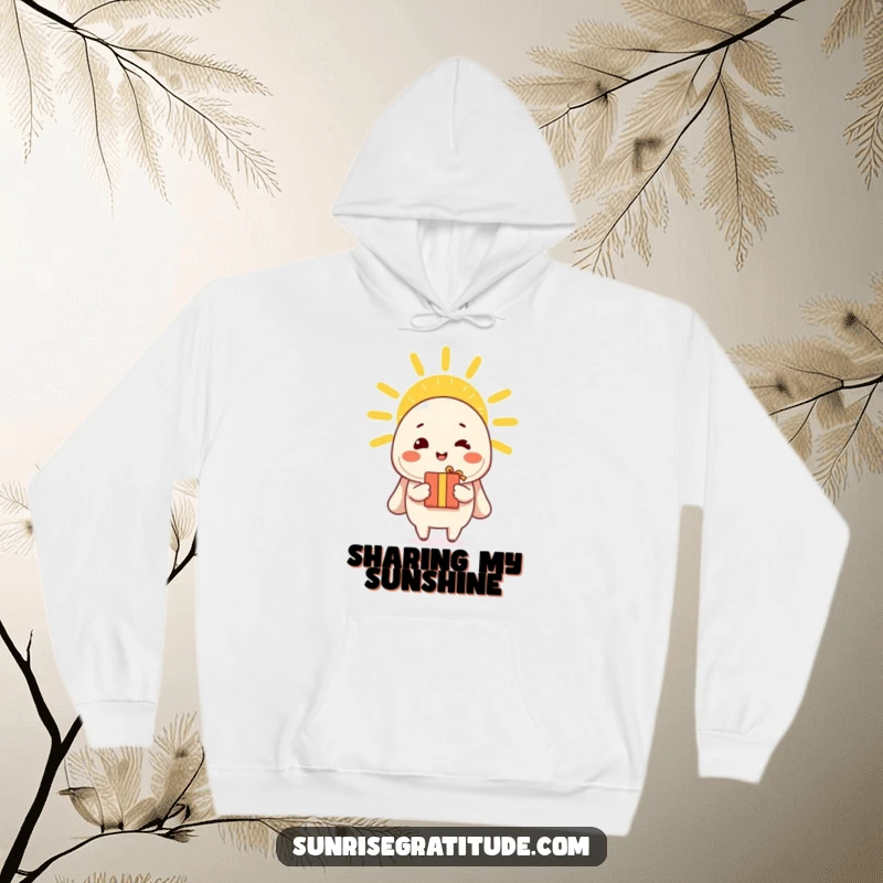 Funny hoodie featuring a cheerful character offering a gift to the morning sun, radiating kindness and warmth.