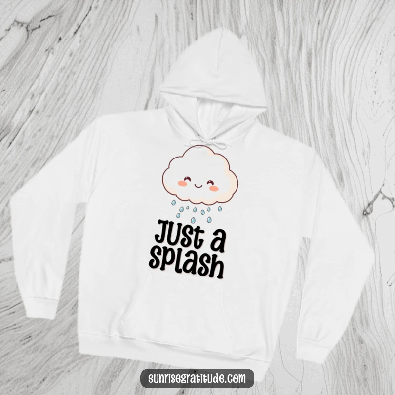 Funny happy cloud hoodie, raining sparkling dew, offering warmth and cheerful vibes. A humorous and cozy wear.