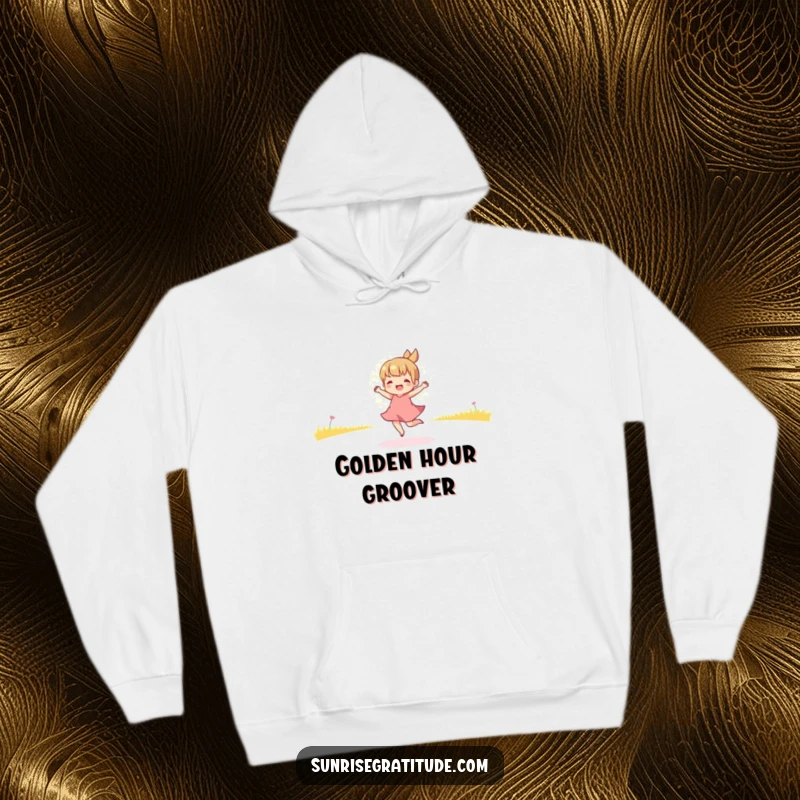 Funny hoodie featuring a playful character dancing in the golden light of dawn, offering warmth and a dose of morning cheer.
