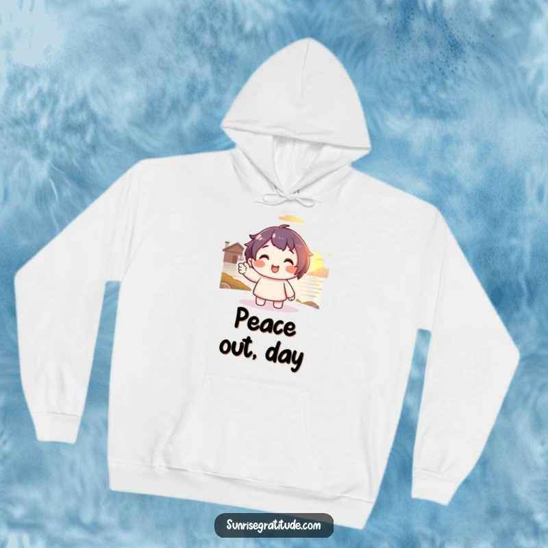 Funny Sunset Glow Hoodie: Smiling character waving to a warm sunset, offering cozy comfort and funny humor.