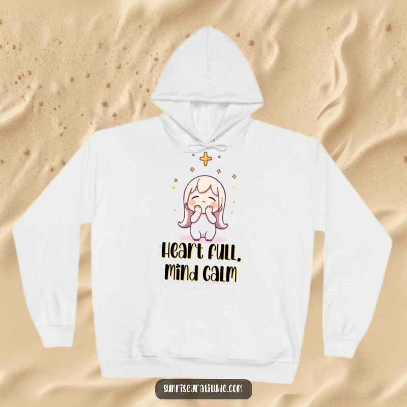 Funny Hoodie: A character gracefully bowing its head in thankfulness towards the sky at sunrise.