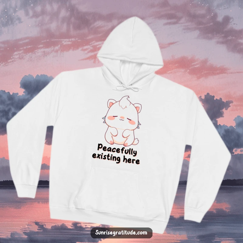Funny cozy creature hoodie smiling and breathing deeply, perfect for serene comfort and humor.