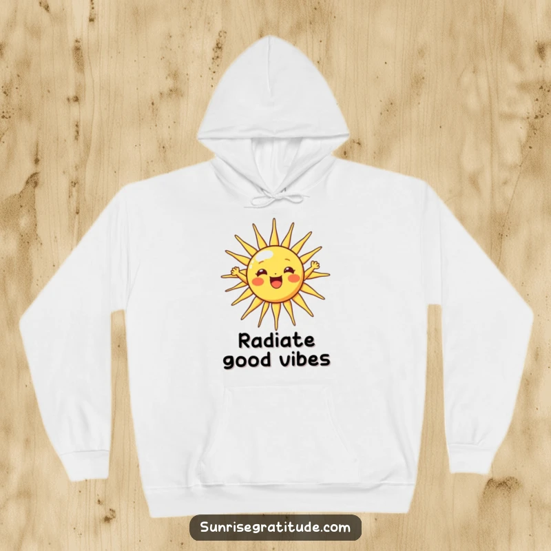 Funny sun hoodie with a cheerful sun character stretching its rays wide, perfect for cozy warmth.
