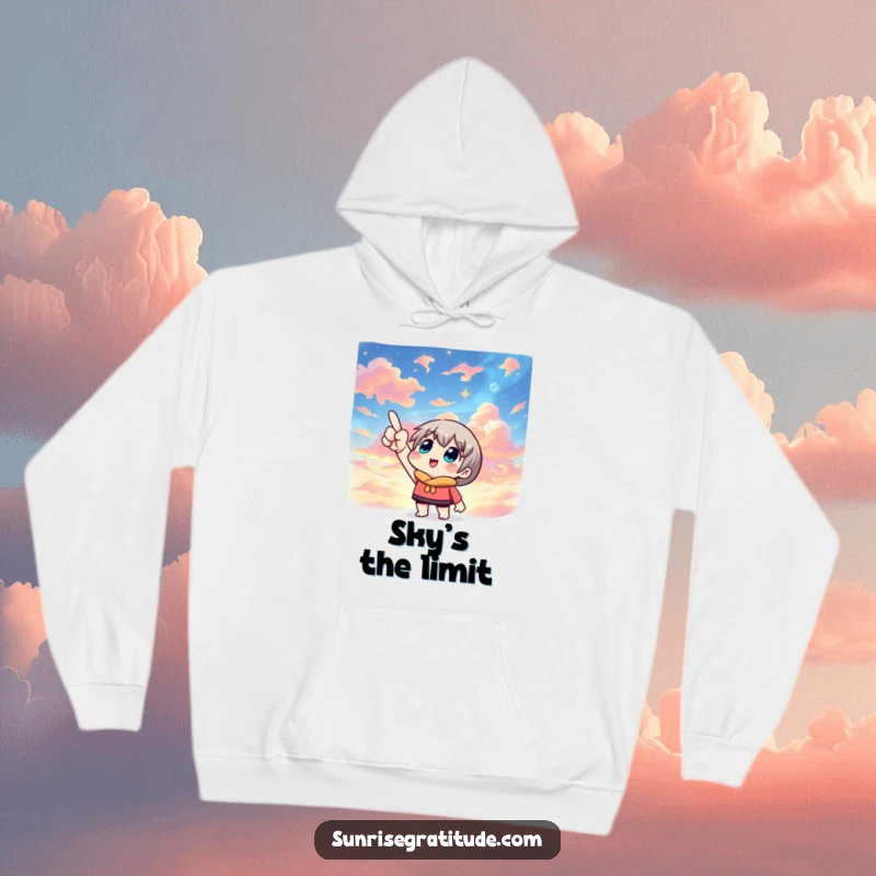Comfortable hoodie depicting a character pointing upwards at a stunningly colorful sky, showcasing a sense of wonder and adventure.