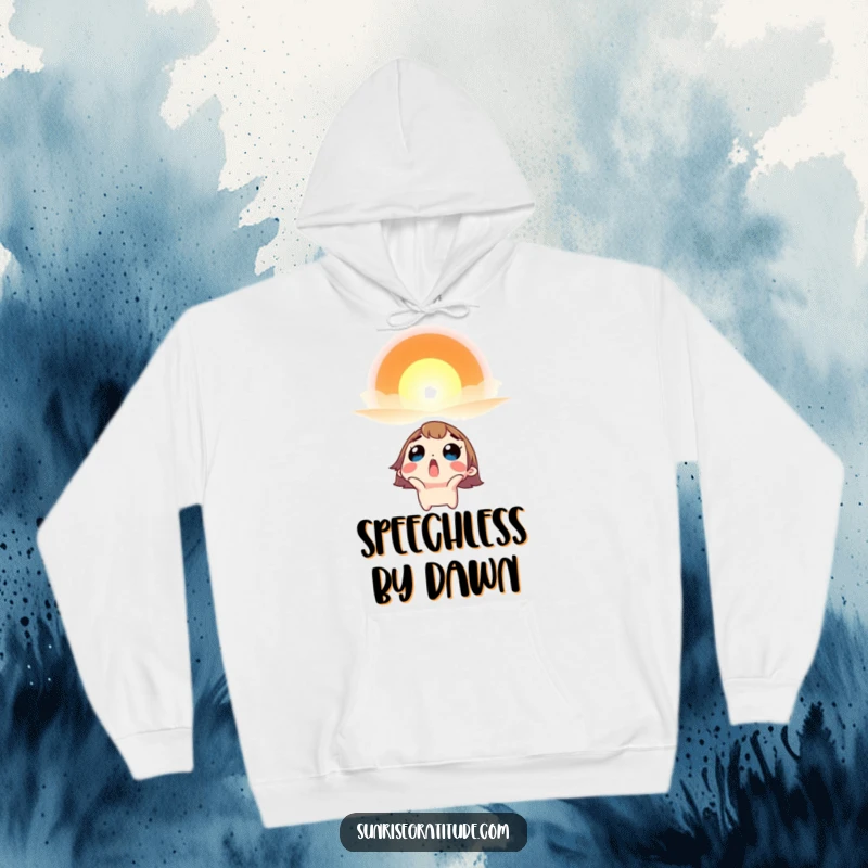 Funny hoodie featuring a surprised character looking up in awe at a beautiful vibrant sunrise.