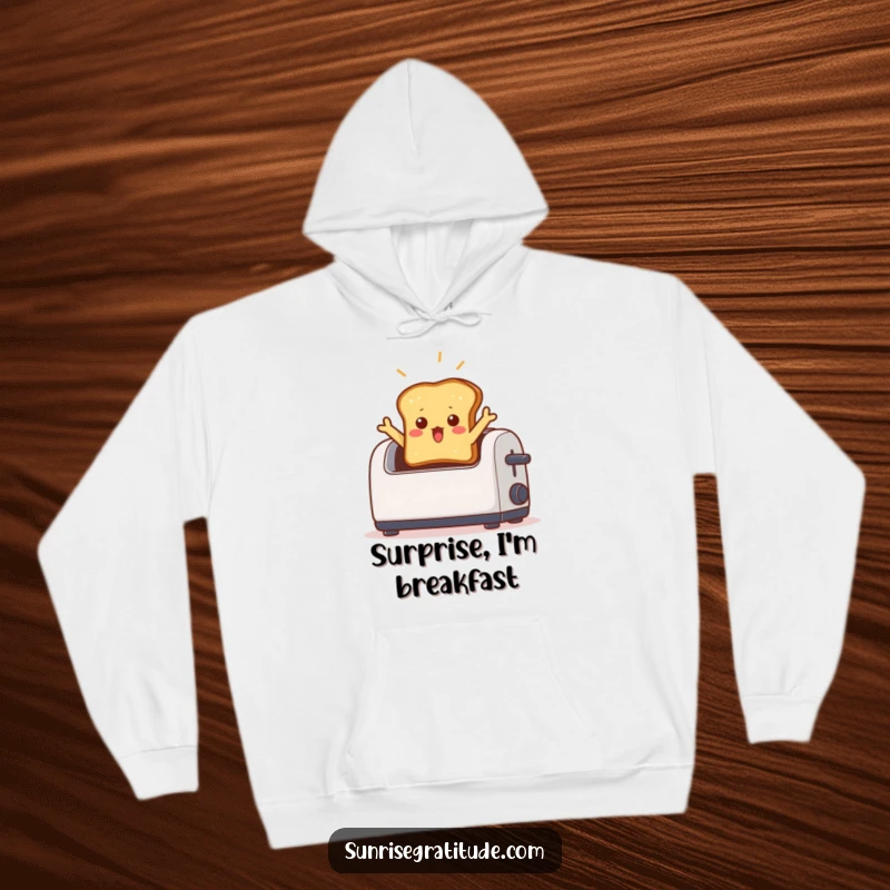 Funny hoodie featuring a shocked piece of toast jumping out of a toaster, a beam of light shining down, depicting morning surprise.