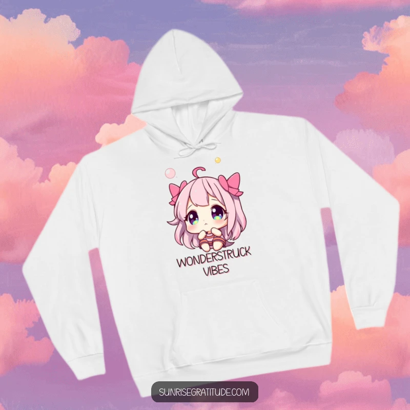 Funny hoodie with a character gazing in wonder at a vibrant, colorful sky, radiating fascination and peace.