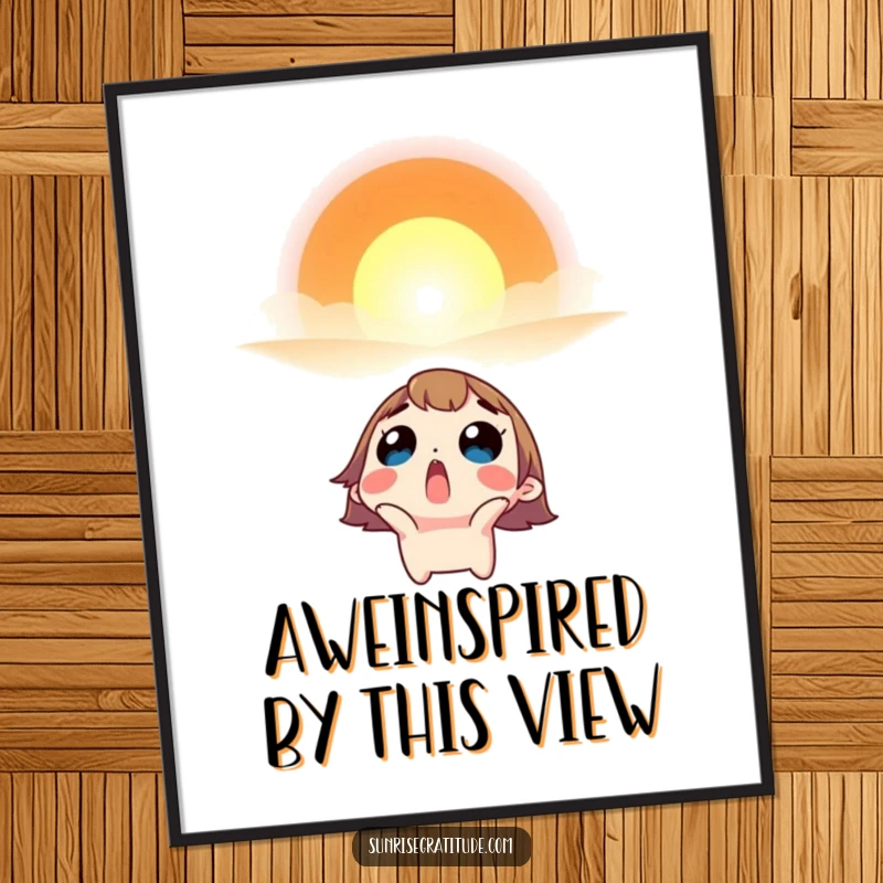 Funny Free Printable Wall Art: A character’s jaw-dropped, surprised expression looking up in pure awe at a stunning, vibrant sunrise.