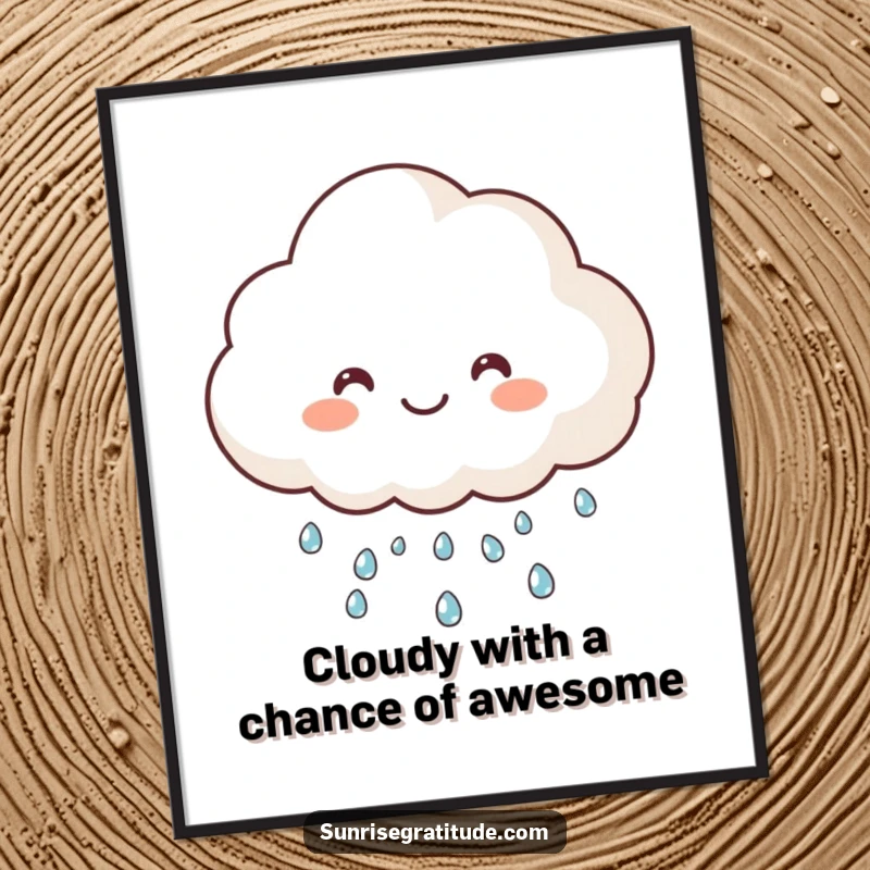 Funny Free Printable Wall Art displaying a happy cloud raining sparkling dew, adding a touch of whimsical decor to any room.