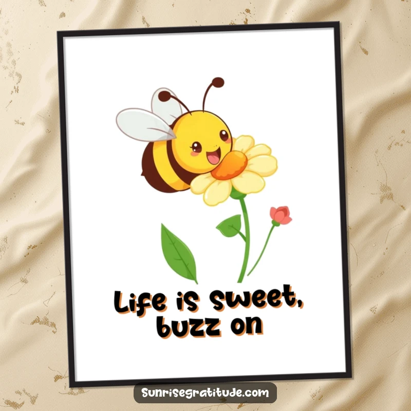 Funny Free Printable Wall Art showing a playful bee buzzing happily towards a blooming flower, adding cheerful decor.