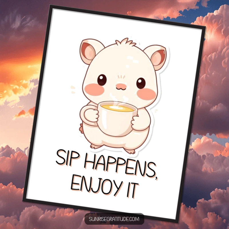 Funny Free Printable wall art of a whimsical creature smiling while offering a cup of steaming liquid, adding warmth and humor to decor.