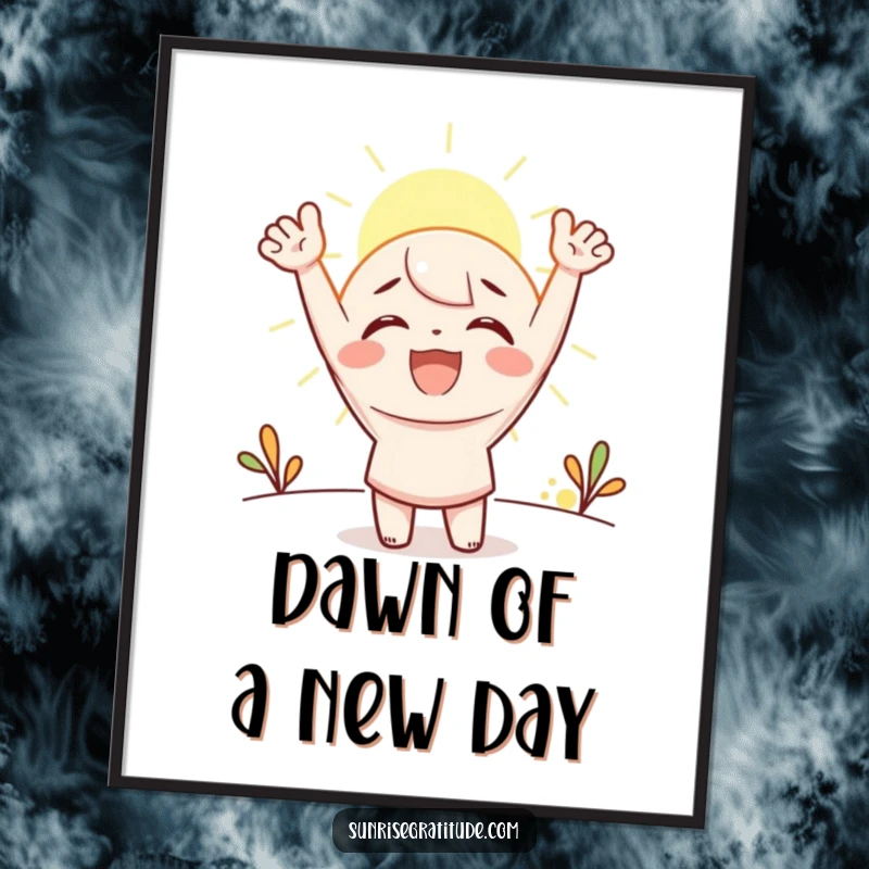 Funny free printable wall art of a character joyfully cheering as the sun rises, bringing optimistic vibes to any room.