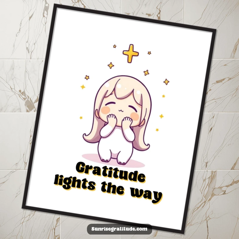 Funny free printable wall art showing a character with head bowed in gratitude towards the sky, evoking peace and thankfulness.