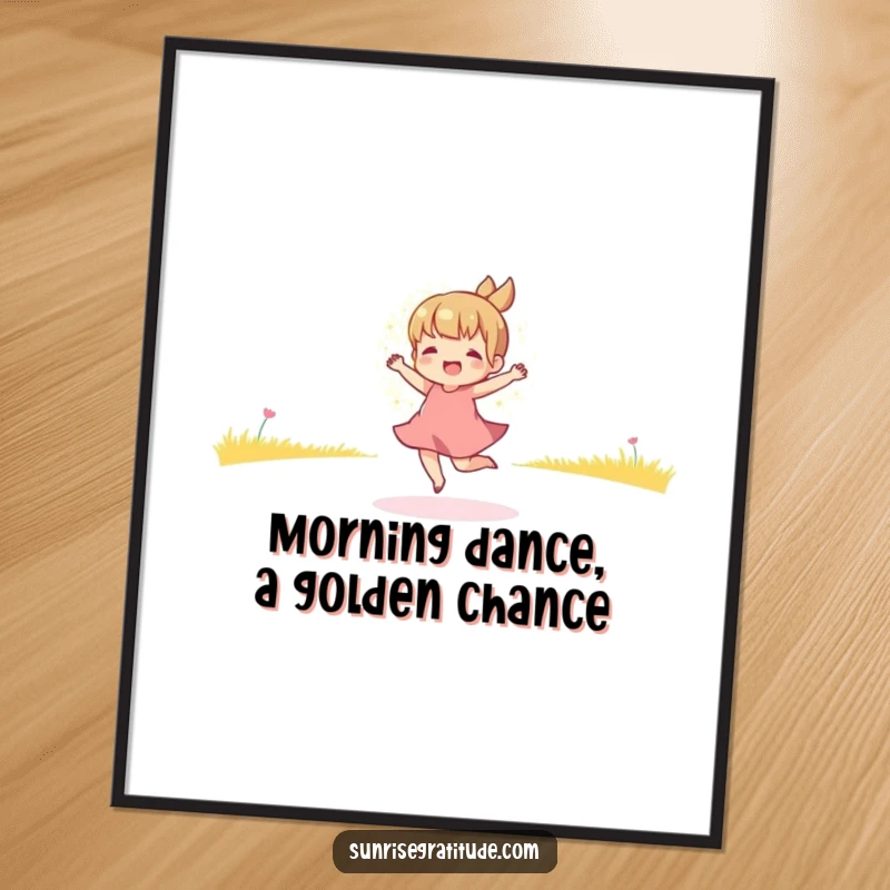 Funny Free Printable Wall Art of a playful character dancing exuberantly in the magical golden light of early morning.
